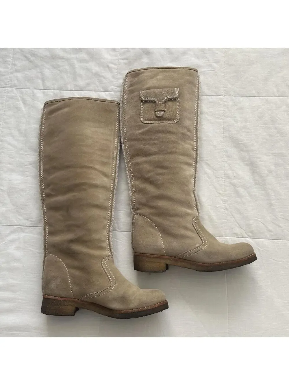 See by Chloé Tan Suede Shearling Lined Knee High Boots Designer 37